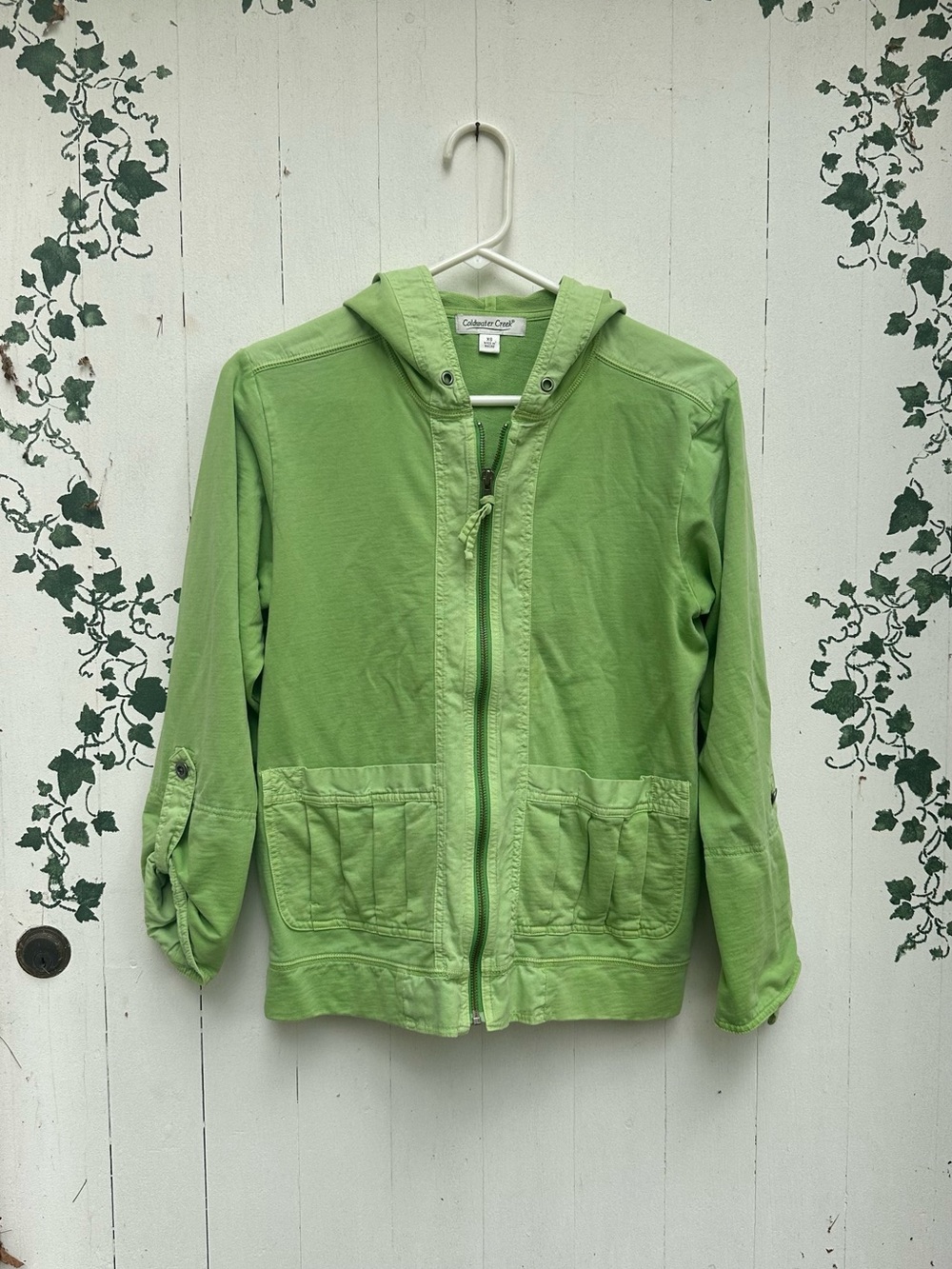 Vintage Y2K 100% Cotton Coldwater Creek Light Green Hooded Utility Jacket Pocket